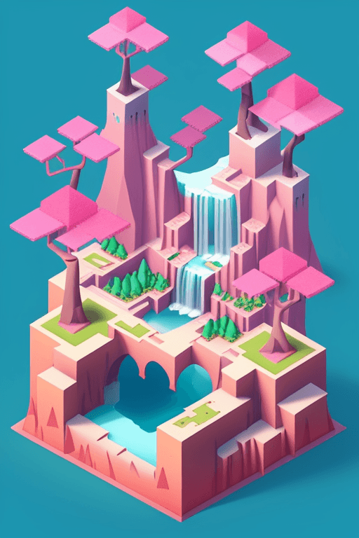 AI generated: a cute little matte low poly isometric cherry blossom forest island, pink waterfalls, mist, lat ligh...