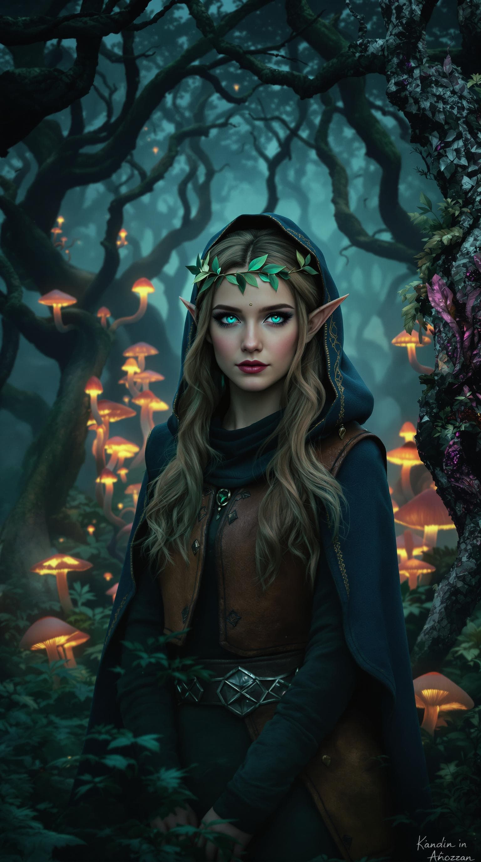 AI generated: A young elven woman with shifting emerald and sapphire eyes, a thoughtful gaze, and a subtly active ...