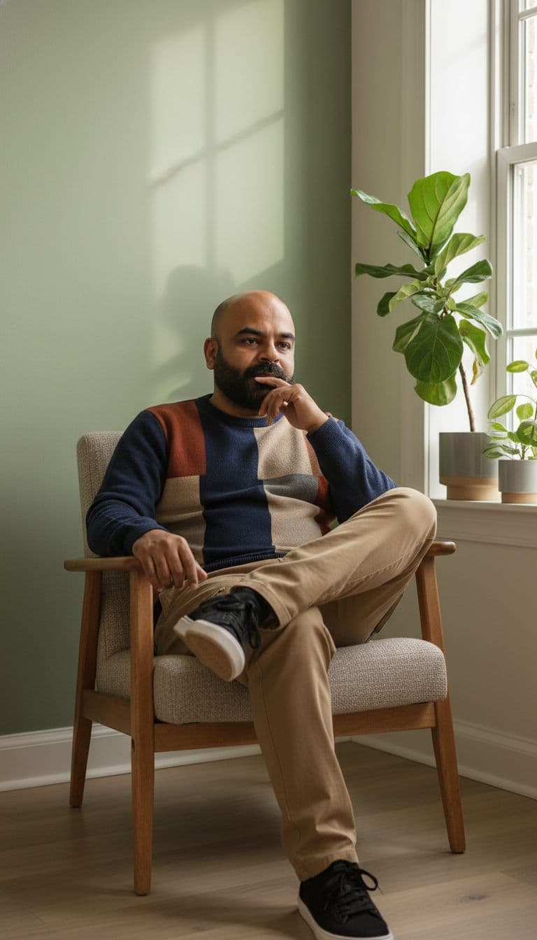 AI generated: A stylish young man with a lean physique (around 57 kg, 5'7" tall) sits in a modern wooden armchair ...