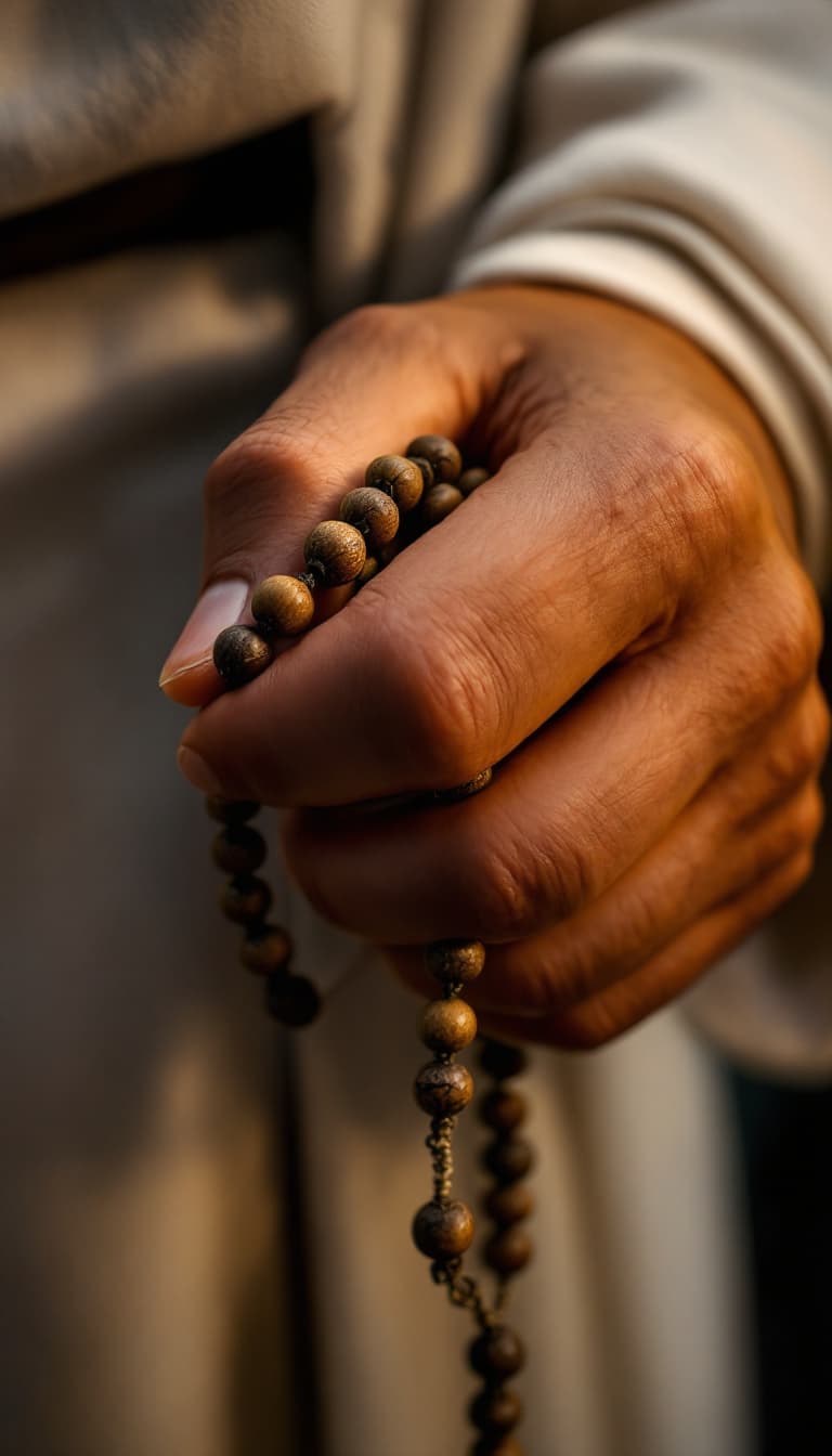AI generated: Description: The Young Man’s tan hand gripping the worn wooden rosary beads, white robe sleeve peeki...