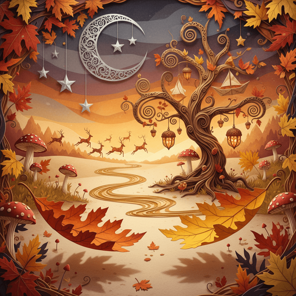 AI generated: A dreamlike autumn forest unfolds in layers of delicately cut paper. The foreground shows crisp, ove...