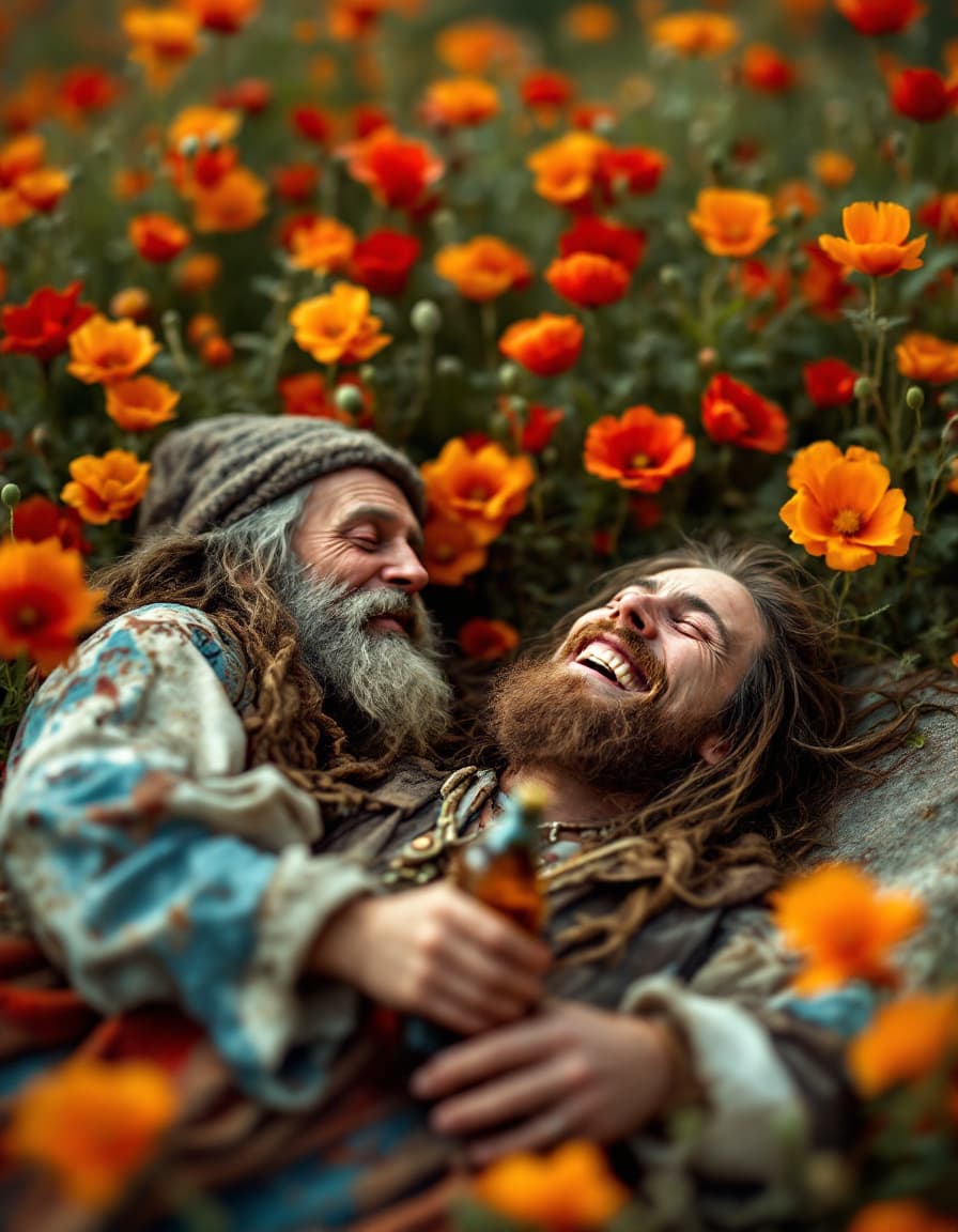 AI generated: a totally wasted  hippie with a dopey grin  in a field of poppies laying prone on ground while talki...