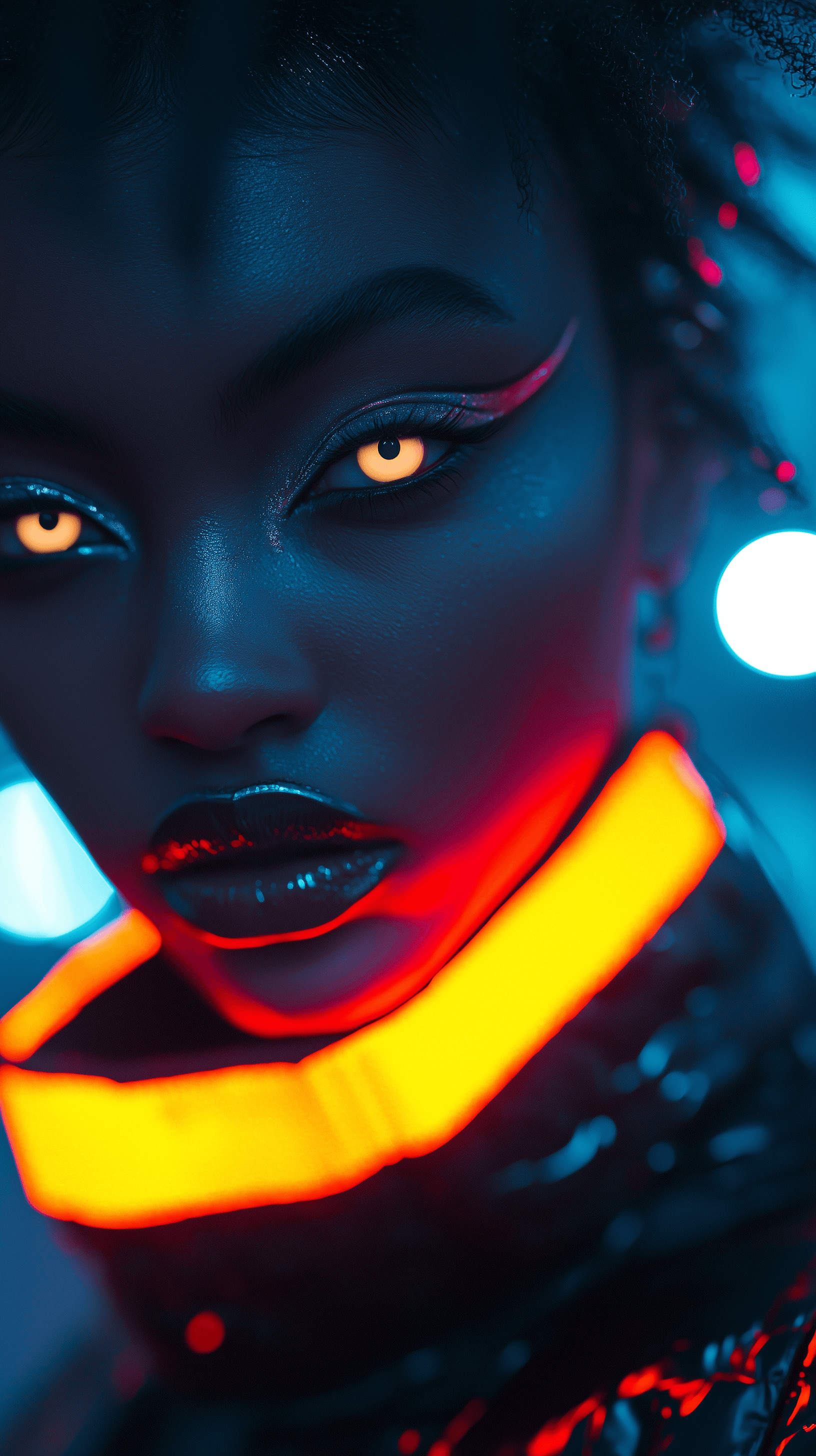 AI generated: close-up portrait of an edgy street style model with neon-colored eye makeup, focusing on intense bl...