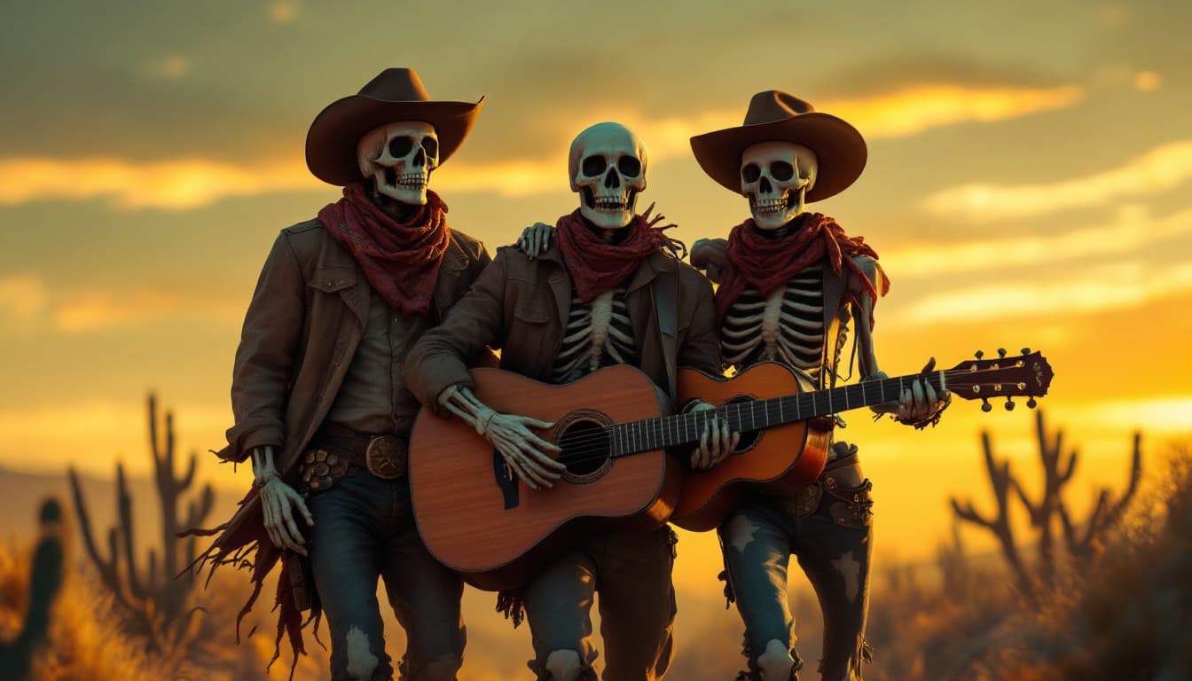 AI generated: Hola, quiero la siguiente imagen: Un hombre junto a dos calaveras caminando de espaldas en el desier...