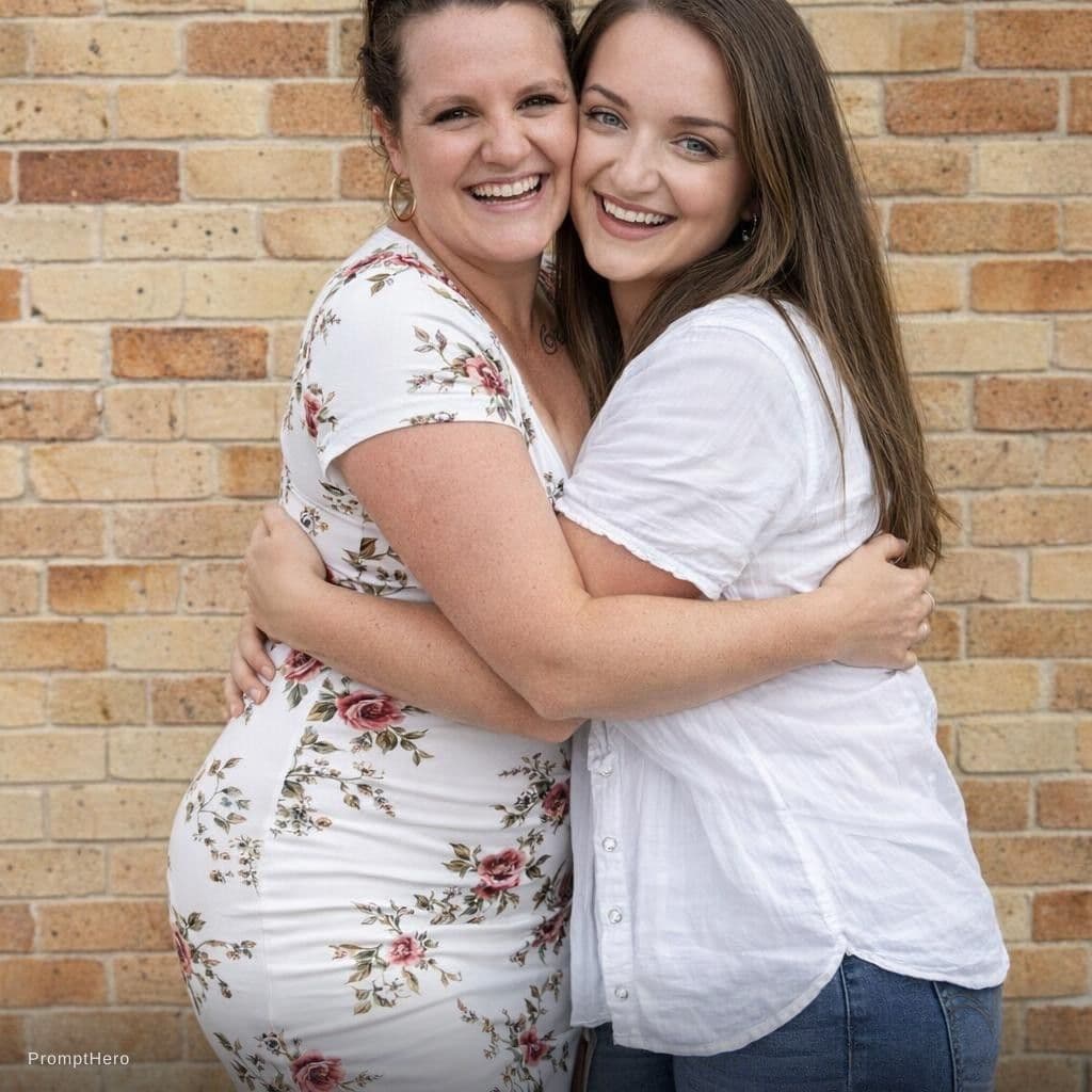 AI generated: two women in reference image hugging.