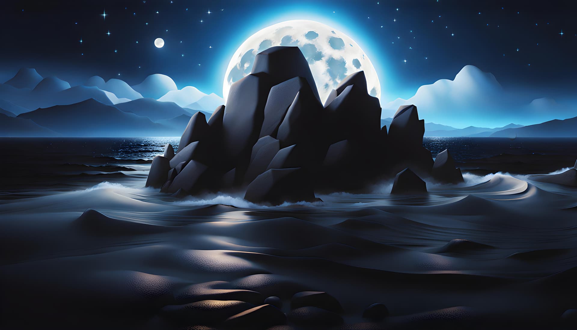 AI generated: complex 3d render ultra detailed, 8k, (full moon) night sky, torquoise sea foamy waves, a mossy intr...