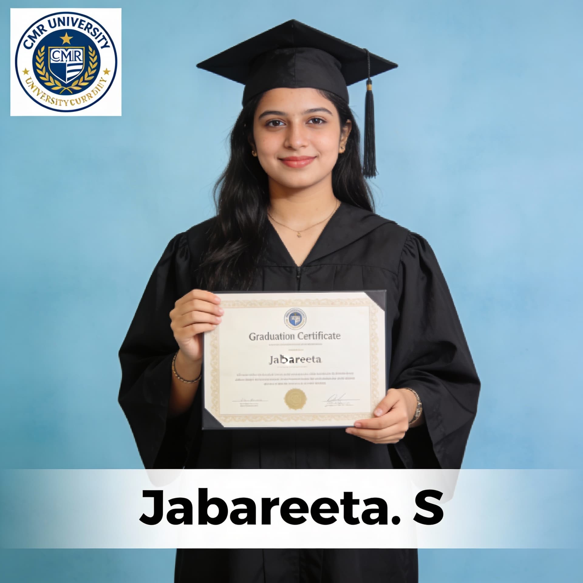 AI generated: Create my graduation image it should contain cmr university logo,  graduation attire and graduation ...
