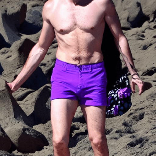 AI generated: James Ransone, Massive muscular, Beach, Violet bikini, High detail.