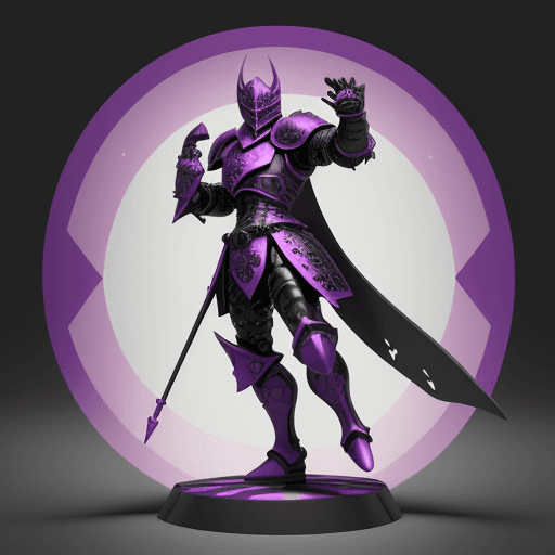 AI generated: A whimsical 3D art toy, black Knight, purple and black armor, highly detailed, vibrant colors, playf...