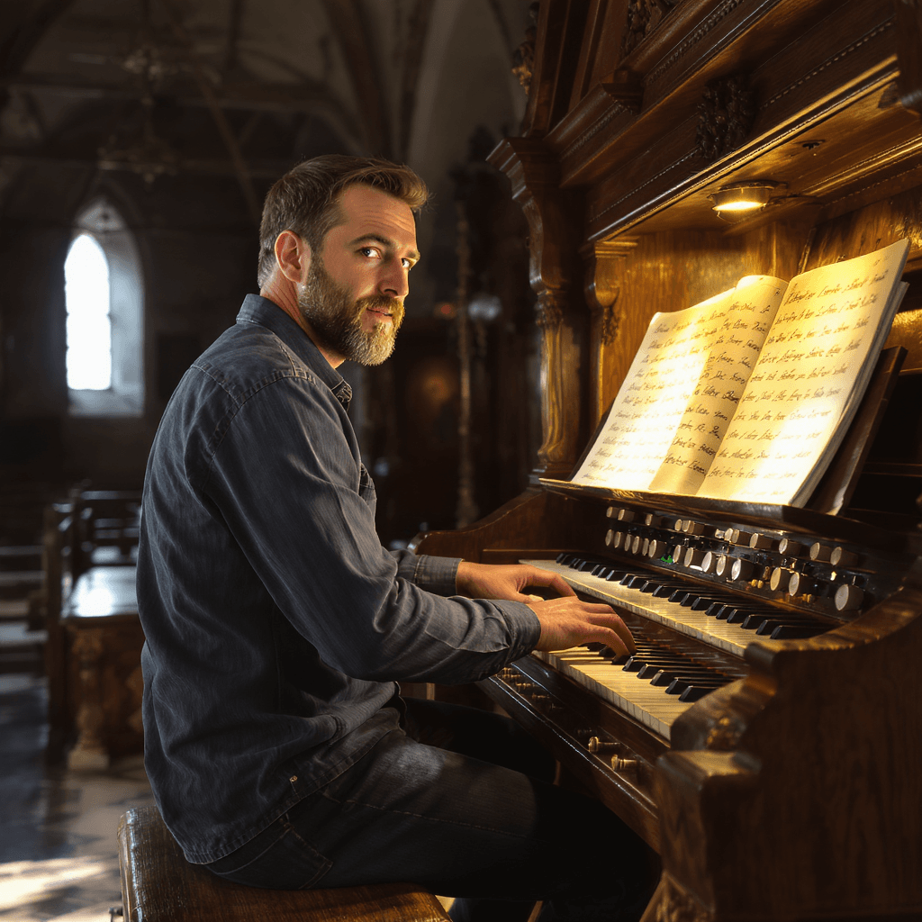 AI generated: Cool guy playing old organ in a old open roof church

