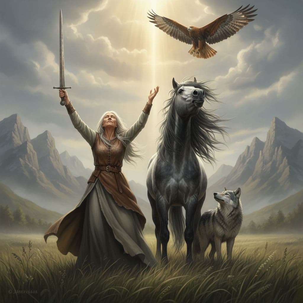 AI generated: old woman, standing, wearing belted tunic, one sword raised, other arm raised, looking up, eyes clos...
