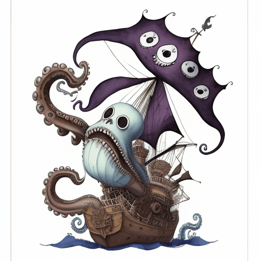 AI generated: A pirate octopus, watercolor by Tim Burton and Carne Griffith, white background, --ar 16:9