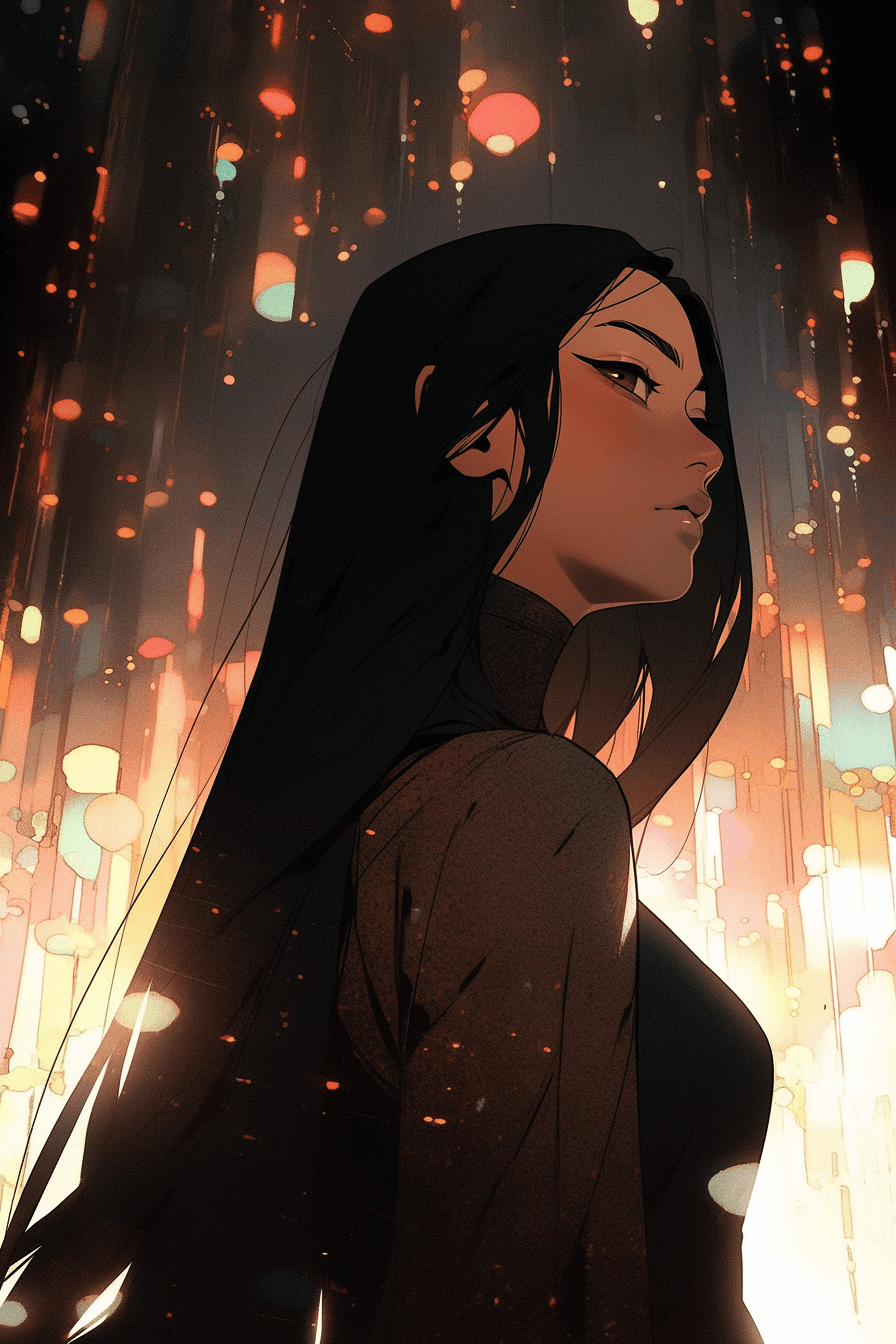 AI generated: A fierce anime character deep in thought, with long flowing black hair, Over The Shoulder shot, in t...