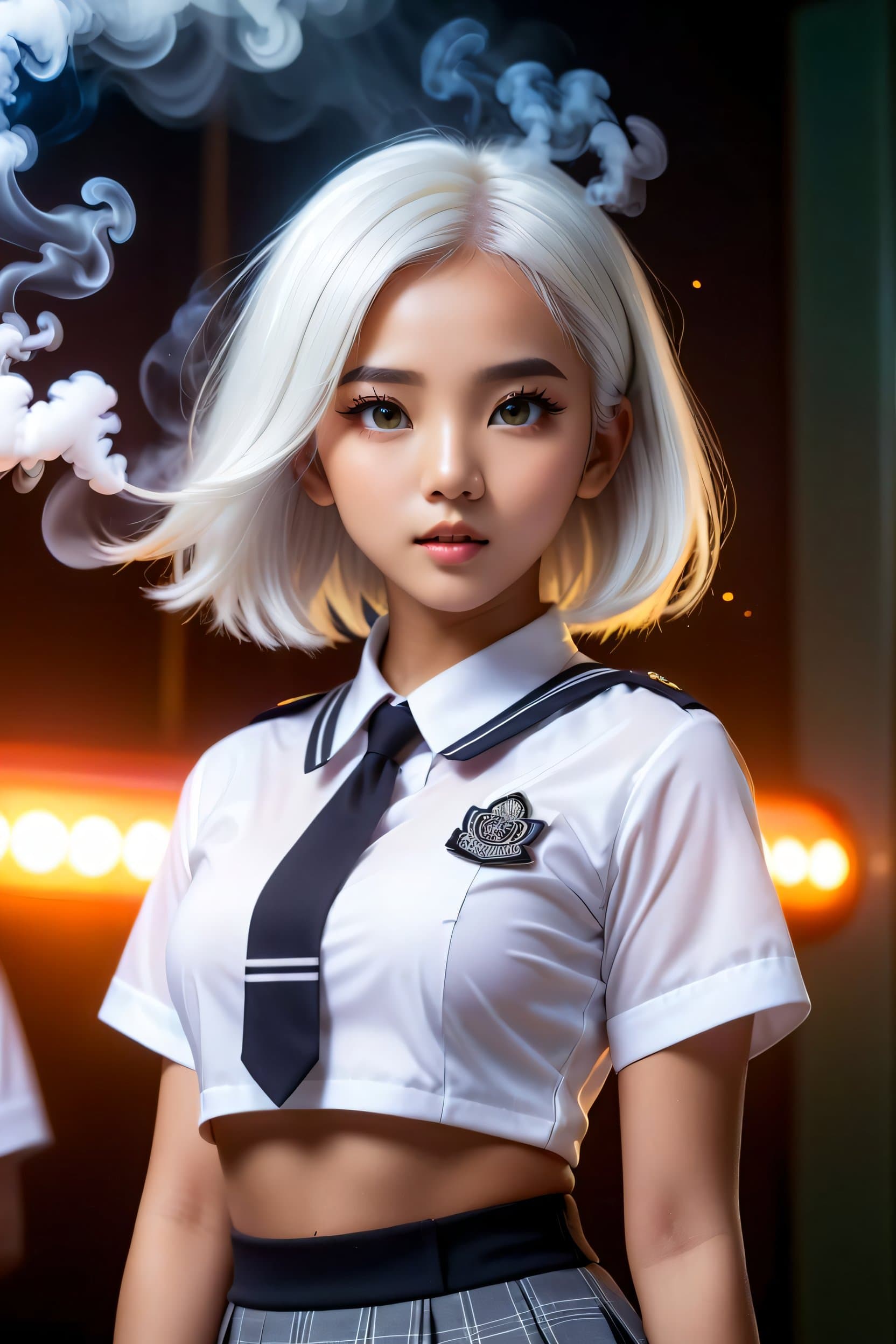 AI generated: white hair, beautiful young asian girl, beautiful eyes, olive skin, medium length white hair, petite...