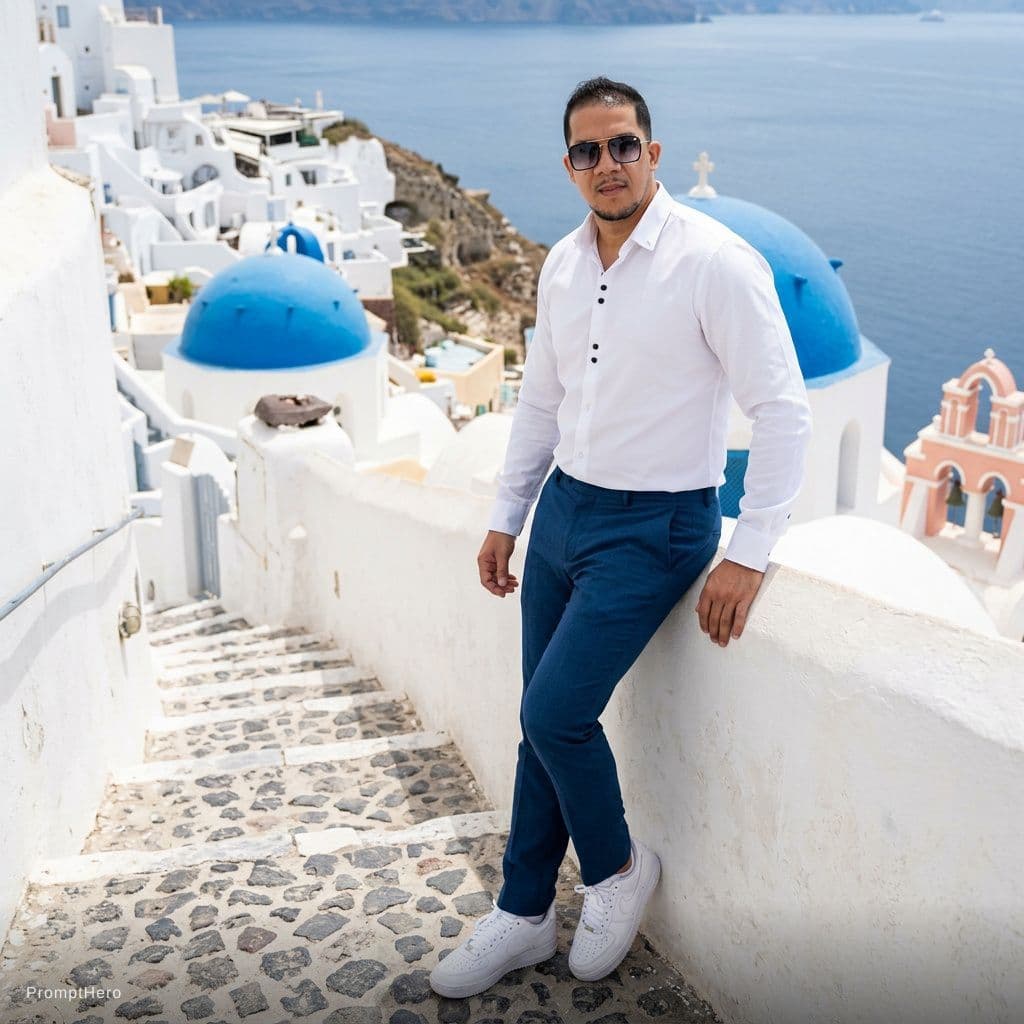 AI generated: Fashion photoshoot in Santorini, Greece. Elegant man in sunglasses stand in a white shirt as in the ...