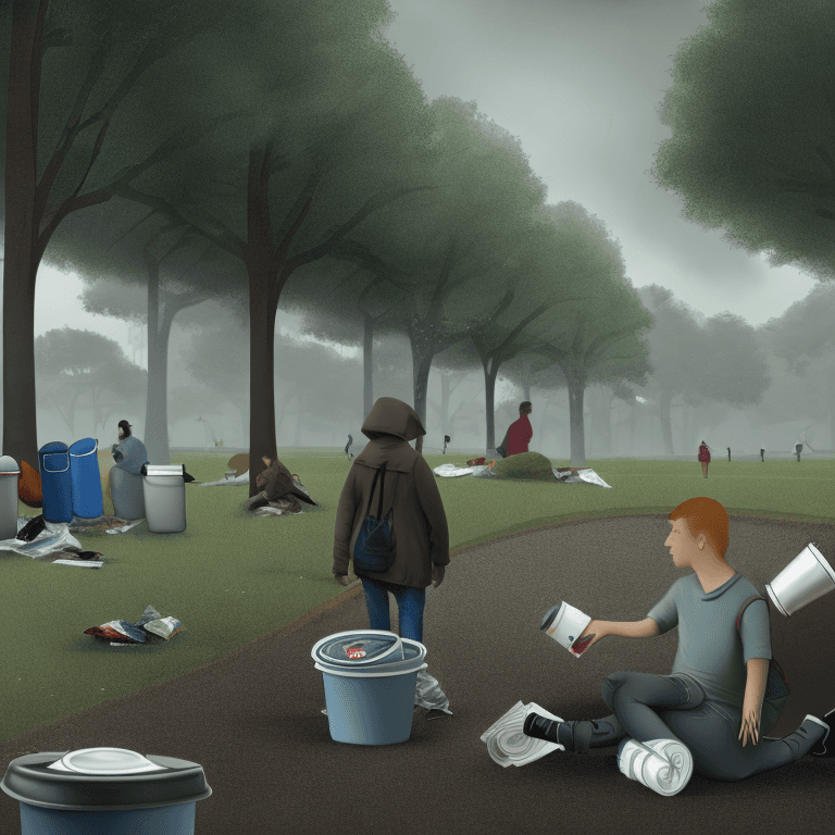 AI generated: Realistic park scene in 2054 with dull and gloomy colors. The sky is overcast and gray, suggesting r...