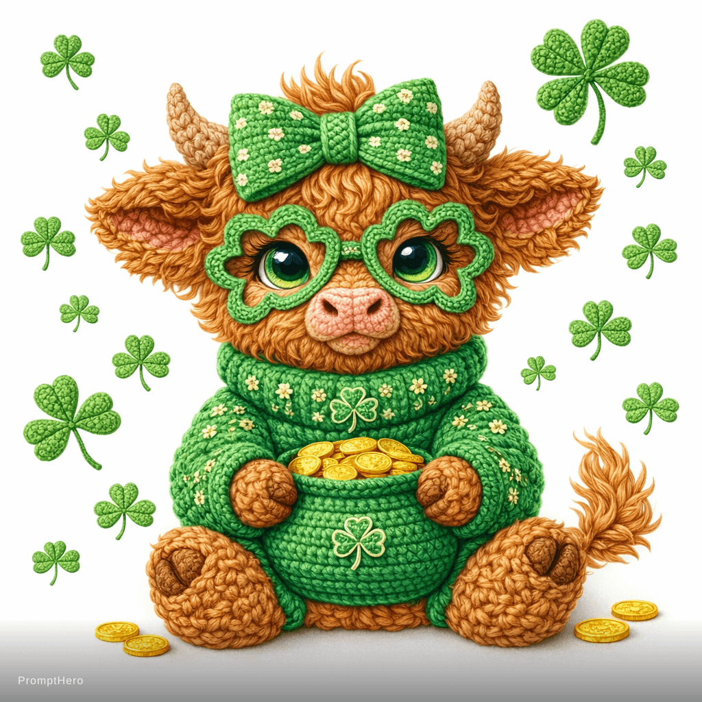 AI generated: Hyper detailed 3D crochet baby highland cow with realistic yarn fiber depth and visible braided fur ...