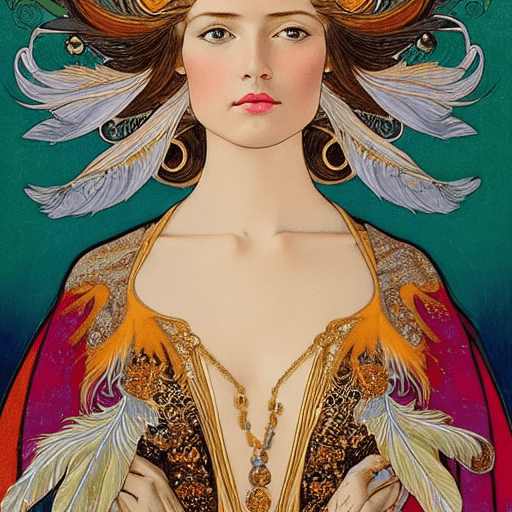 AI generated: high resolution 8k, Erté + Mucha master painter, Byzantine artwork, Botticelli har,
young lady close...