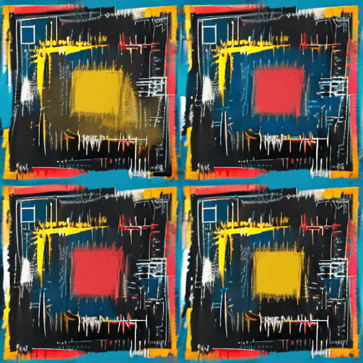 AI generated: Abstract pattern of 4 quadrants of dj equipment.  Primary colors of dark teal and dark yellow. In th...