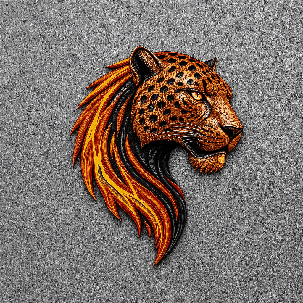 AI generated: a logo of a majestic bronze-wooden leopard statue with detailed flame textures, showcasing a blend o...