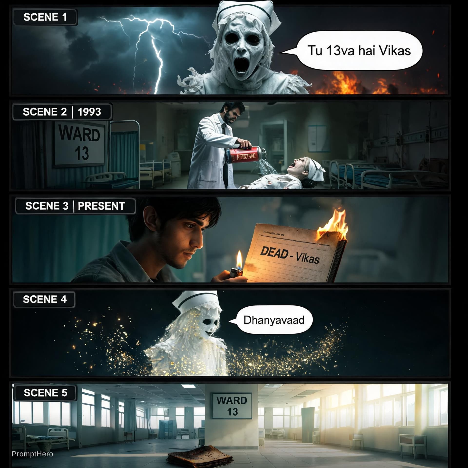 AI generated: Scene 1: Close shot of ghost nurse Savitri screaming "Tu 13va hai Vikas", lightning flashes, fire in...