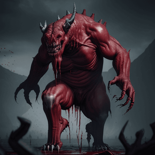 AI generated:  high quality foto of a disfigured bloody dangerous enormous beast without eyes and wings, long fing...