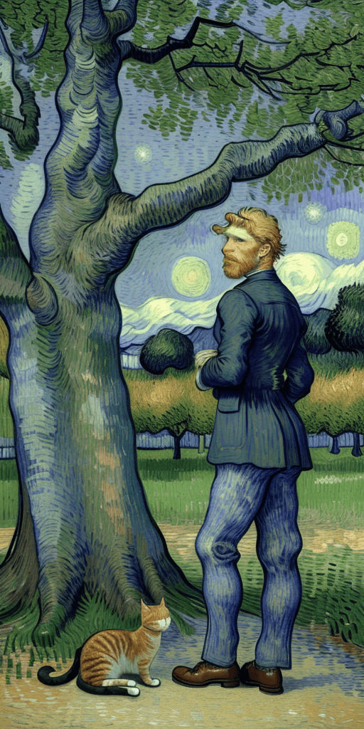 AI generated: van Gogh stands near a tree and looks at the cat sitting near his feet, side view, realism, 4K, deta...