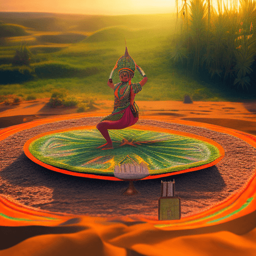 AI generated: High-resolution photograph of a psychedelic scene, indian dancing with a cannabis headdress, sand fl...