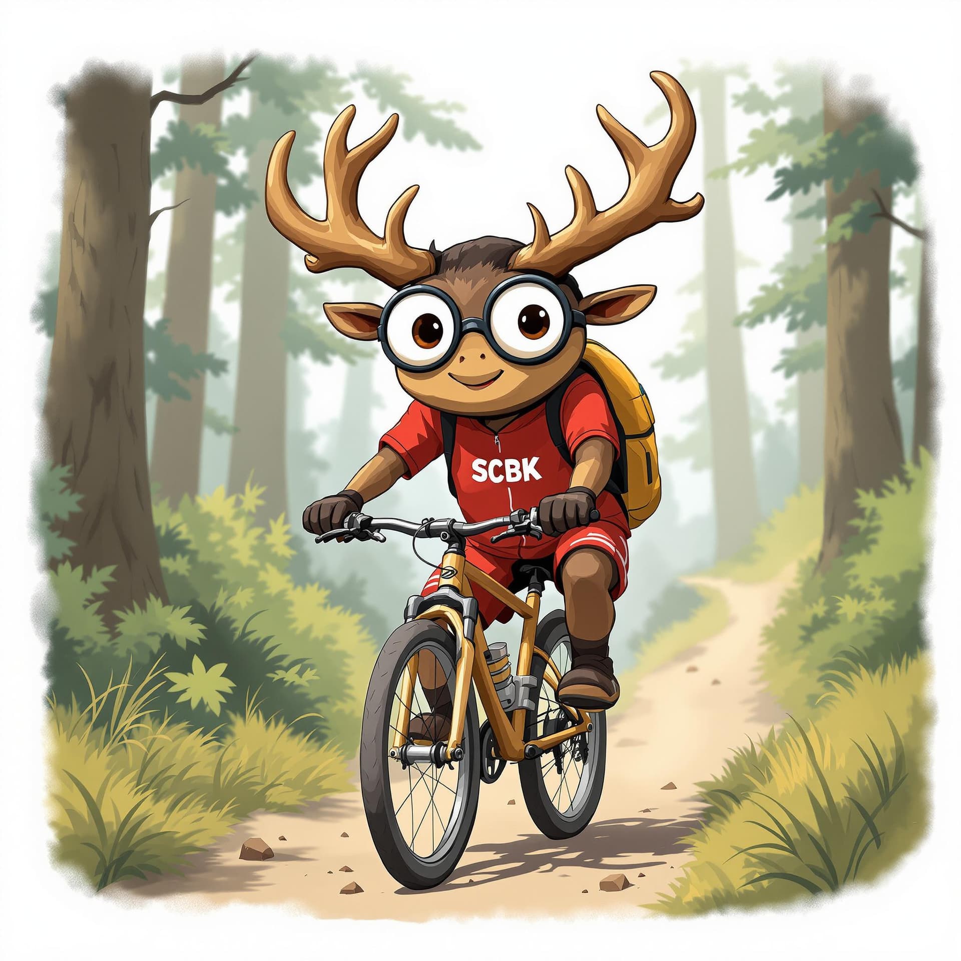AI generated: A cute, friendly anthropomorphic stag beetle with big horns riding a mountain bike through a forest ...