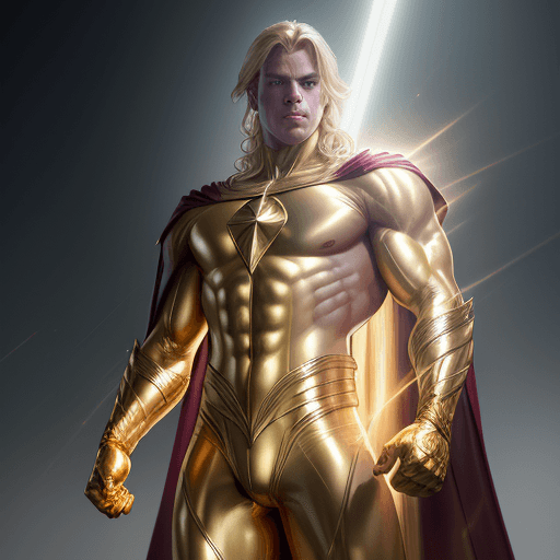 AI generated: male super hero named champion blond hair, no symbol, skin tight gold suit, gold cape, gold gloves, ...