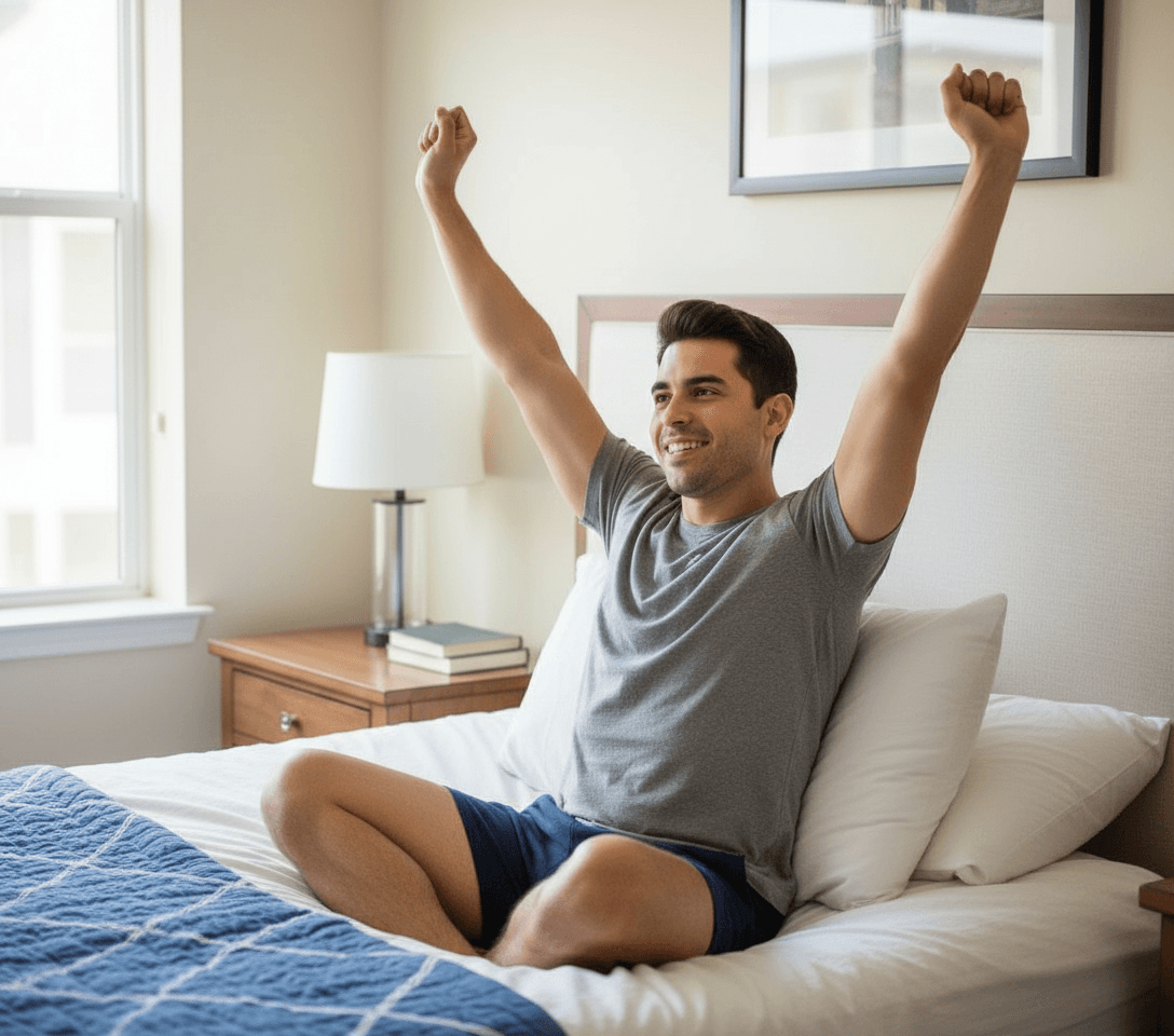 AI generated: The Hispanic male is seated at the edge of the bed with his heat facing up right. He is smiling. He ...