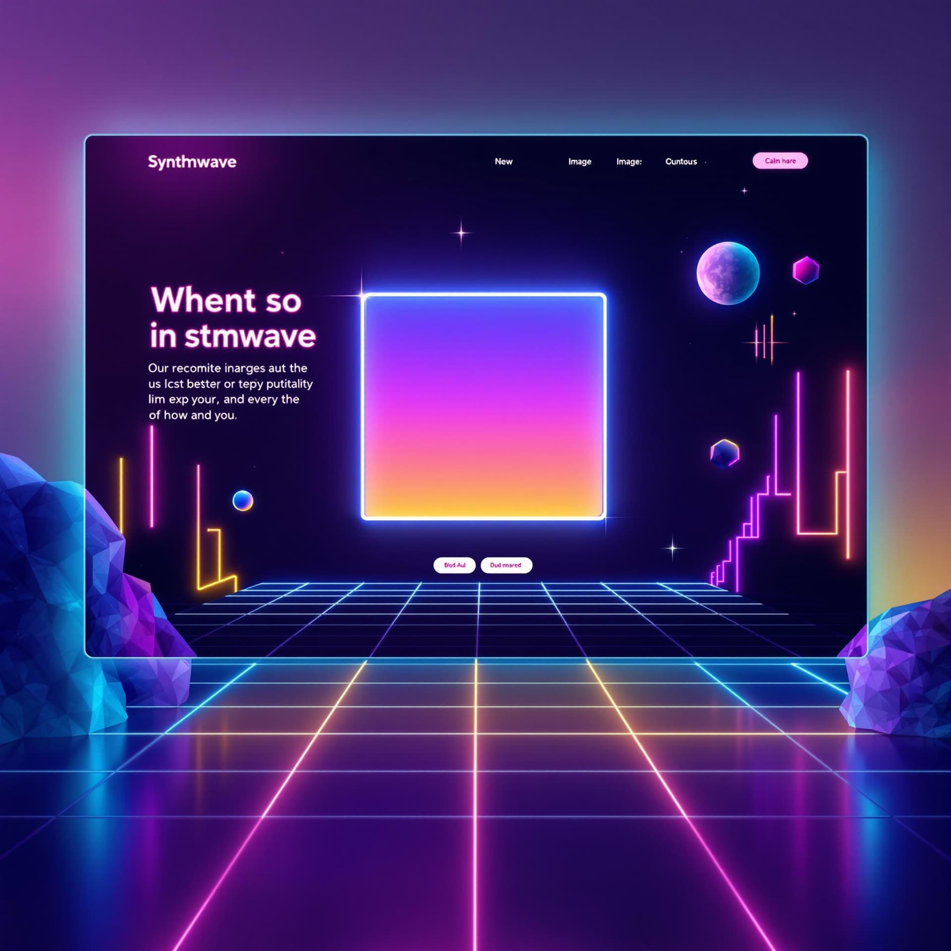 AI generated: A clean, synthwave-themed landing page, neon accents in pink, cyan, and yellow on a dark gradient ba...