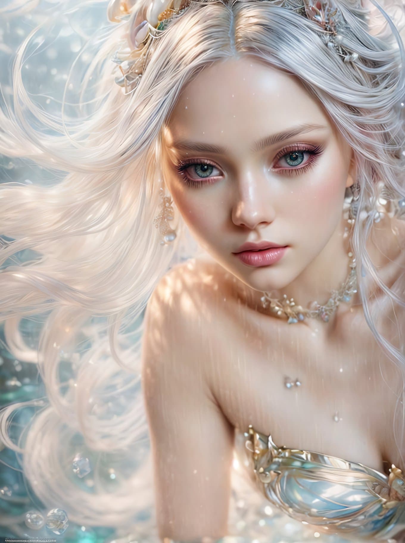AI generated: Modelshoot Style, Beautiful albino mermaid with silky hair and big reflective green eyes, shimmering...