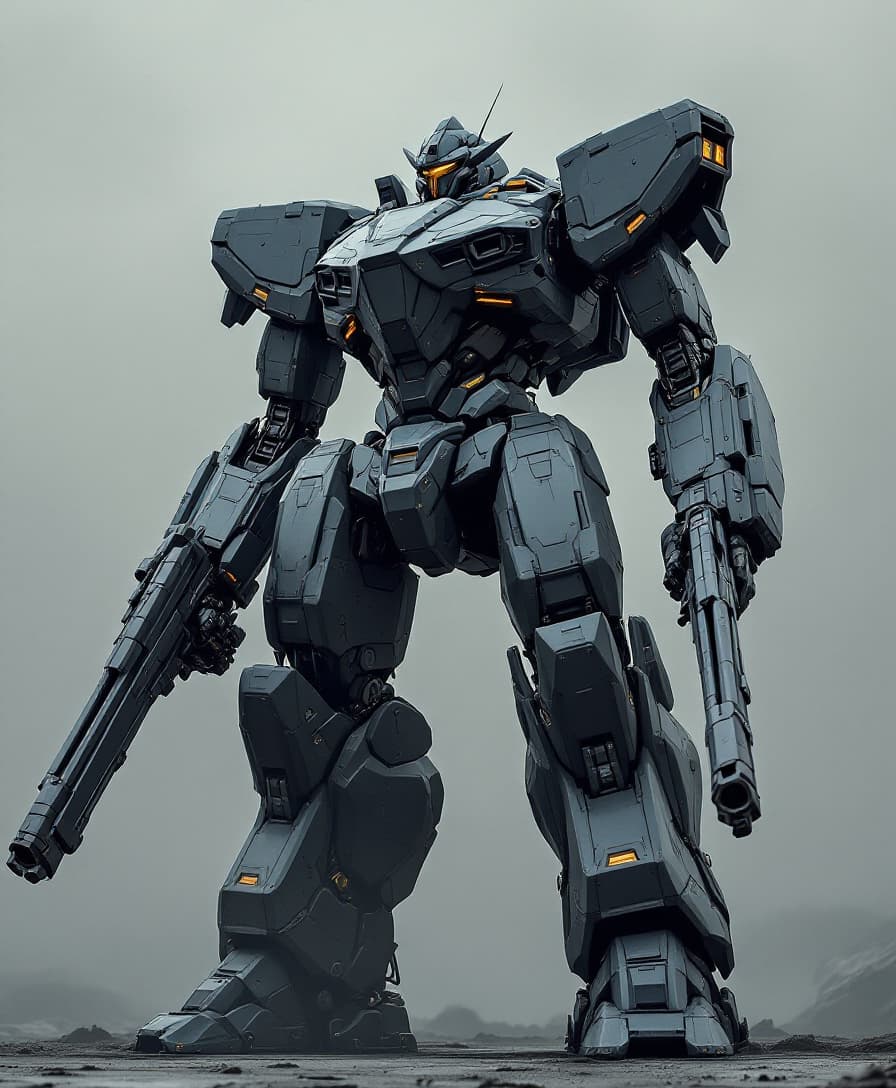 AI generated: giant mech robot, equipped with a powerful gun in each hand, imposing and towering in stature, sharp...