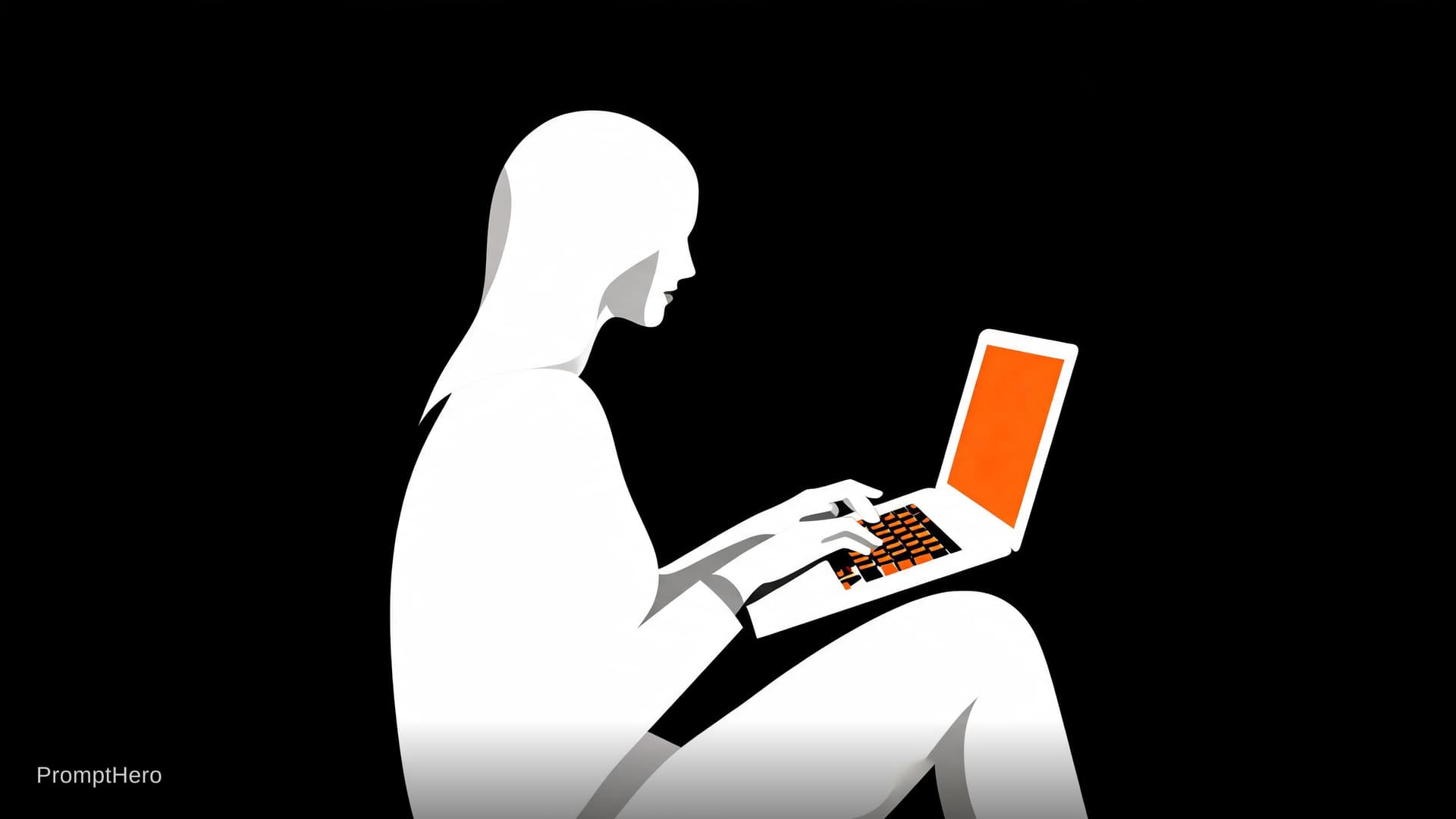 AI generated: Make a person typing on lap top in style of Malika Favre detailed character. Color tones black domin...