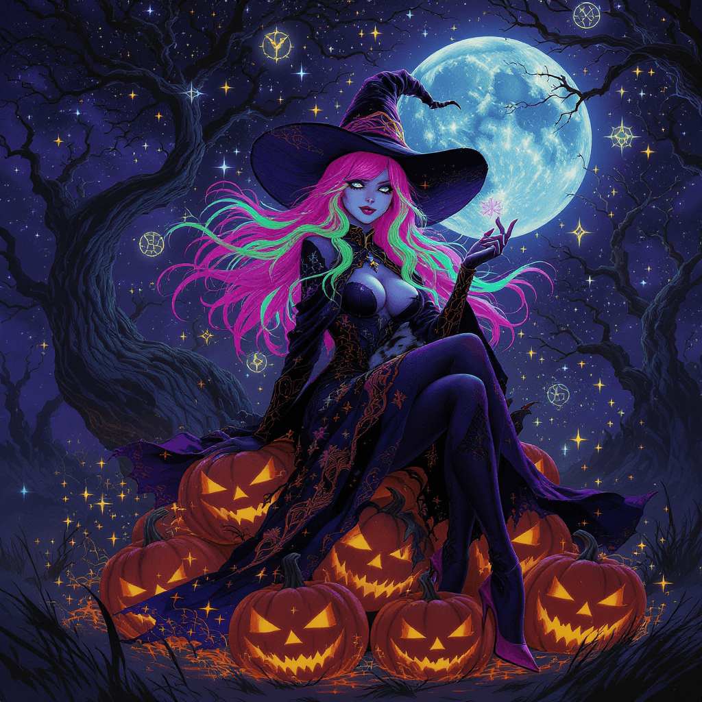 AI generated: A Halloween concept as a high-contrast digital illustration by Loish, a modern witch with vibrant ne...