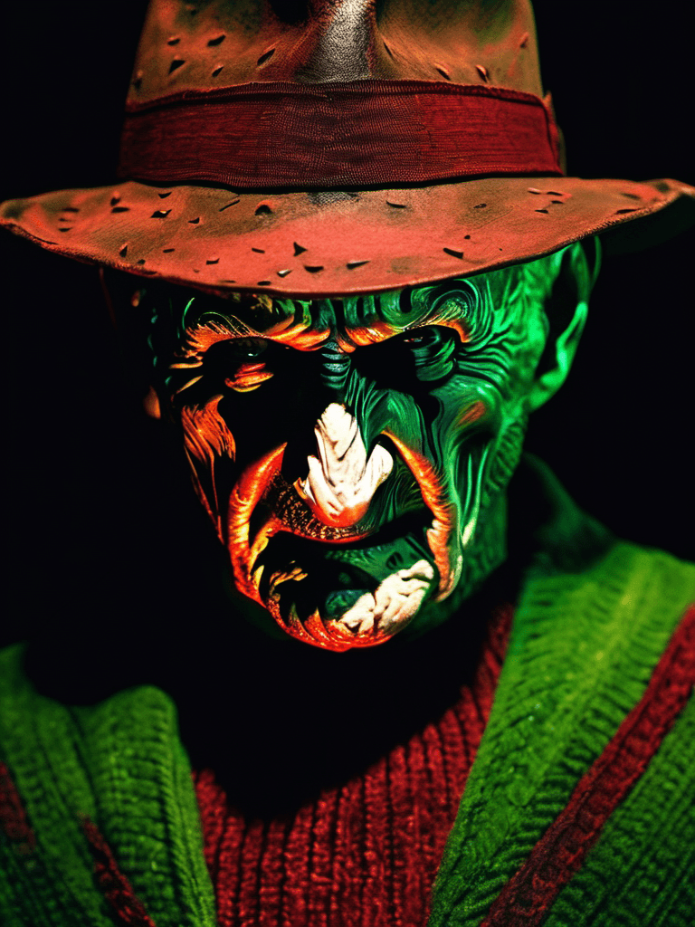 AI generated: medium close up, (Freddy Krueger:1.1), a menacing figure with a burned face and a glove armed with r...
