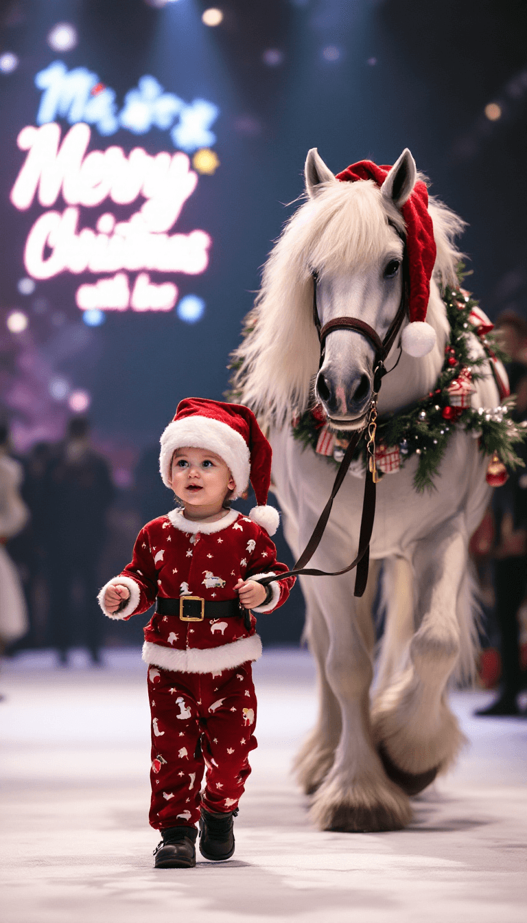 AI generated: A baby girl dressed in Santa Claus pajamas leads a animal white big Horse on a leash while walking a...