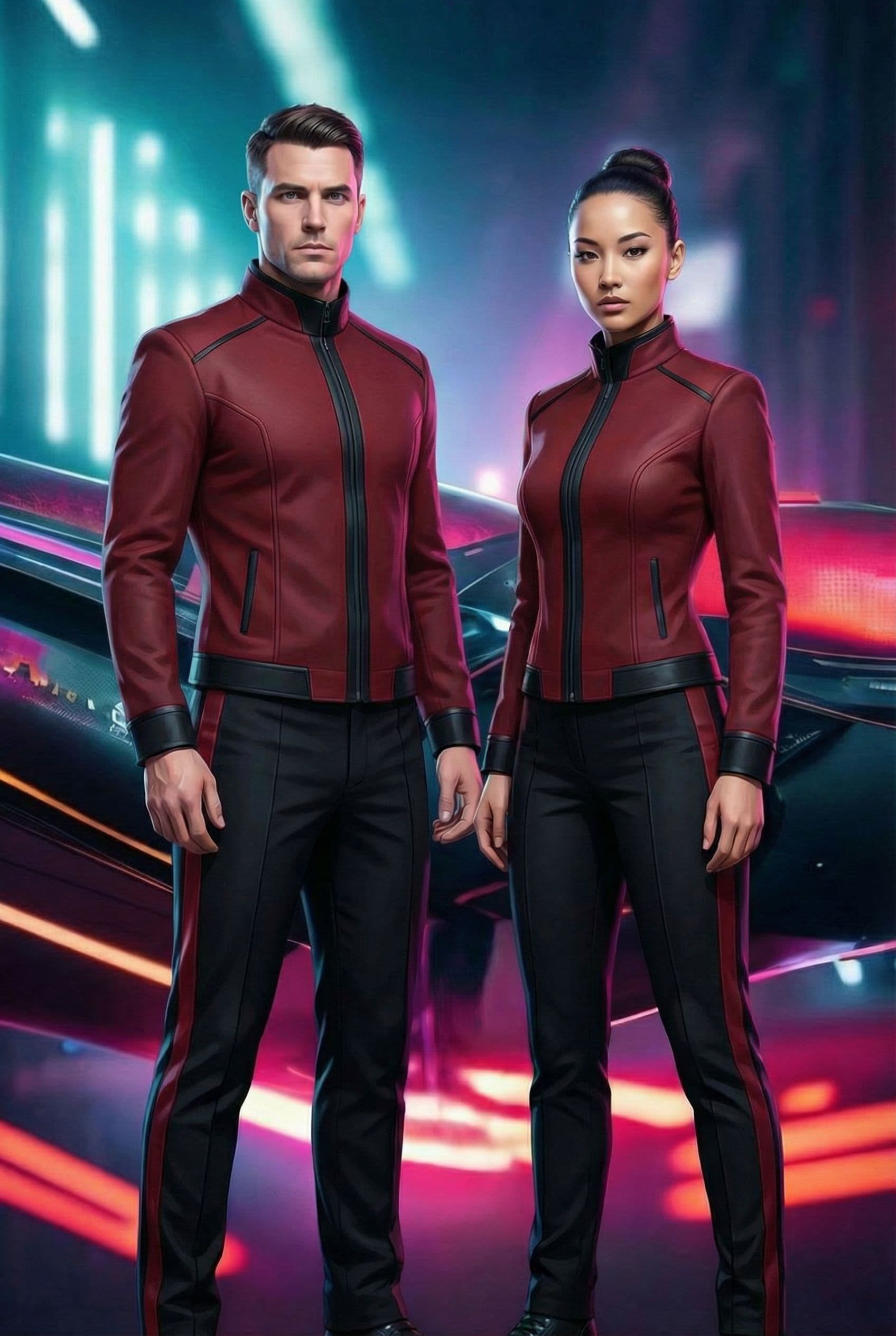 AI generated: Create a Sci-Fi uniform. Use the reference image and turn all blue to red. The color of the uniform ...