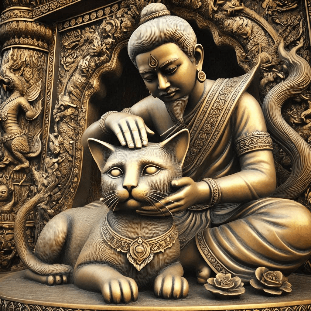 AI generated: Religious statue of a man massaging a cat's head in a temple