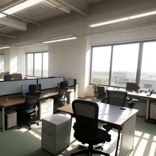 AI generated: ‪startup office tour Mexico computer desks with office chairs sunlit room. real engine‬