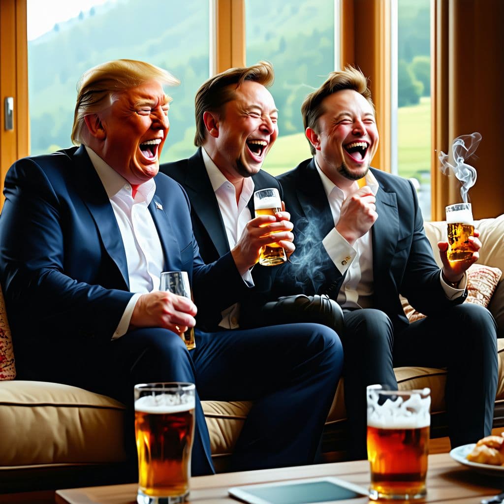 AI generated: High resolution picture with three characters: Donald Trump, Elon Musk and Javier Milei laughing sit...