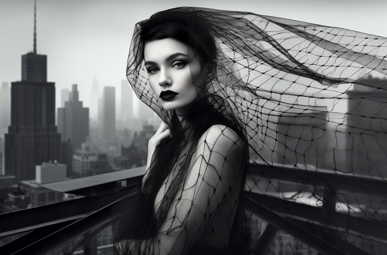 AI generated: a black and white photo of a beautiful woman with a veil over her head, vogue cover style, new york ...