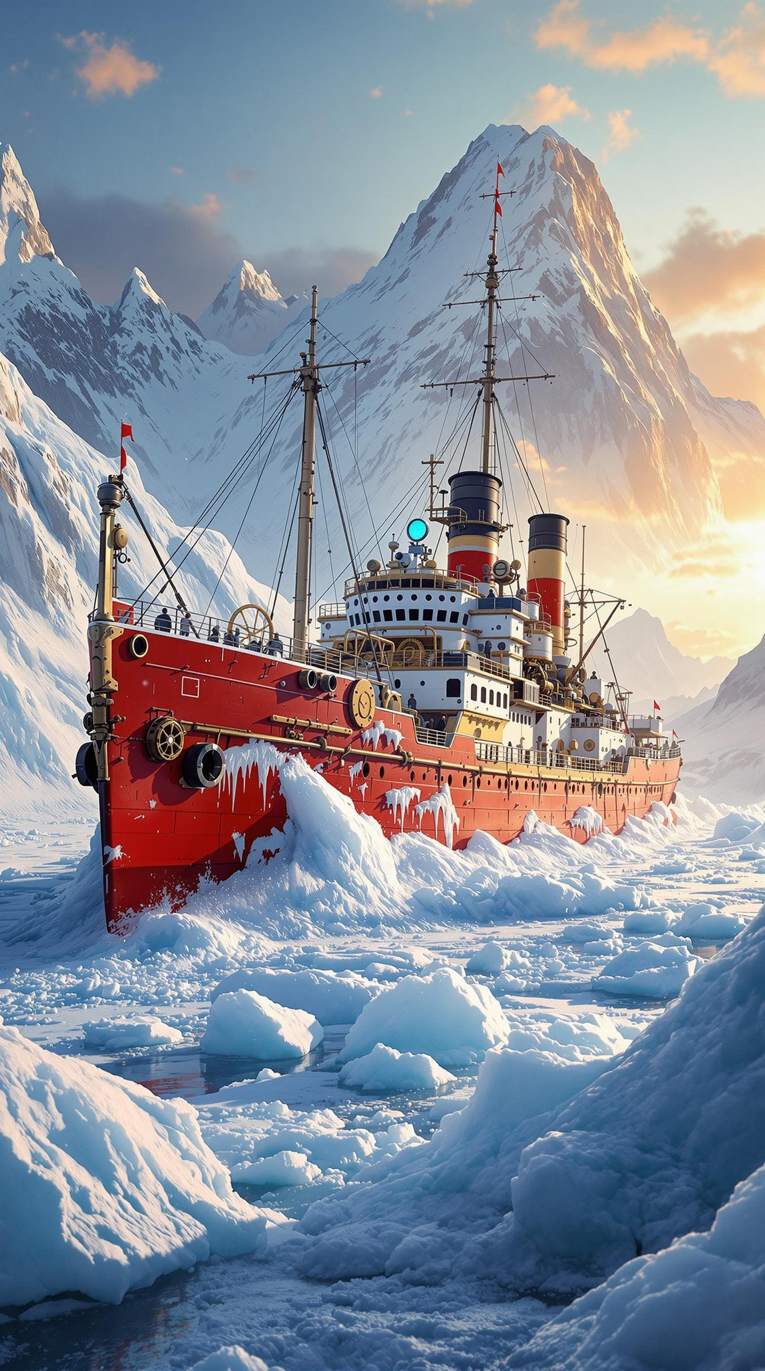 AI generated: Envision a photorealistic portrayal of a 1920s steampunk icebreaker ship, its red hull and white sup...