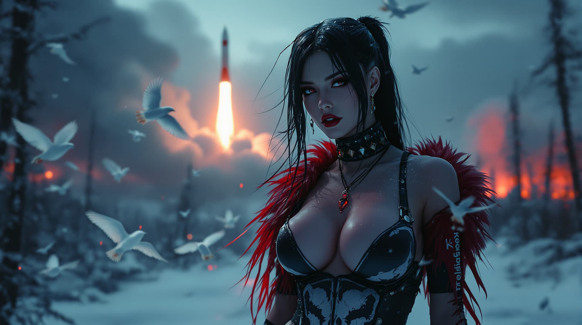 AI generated: Ultra realistic, far mid body photo of a so hot sensuous stylish goth women in snowy winter skimpy p...