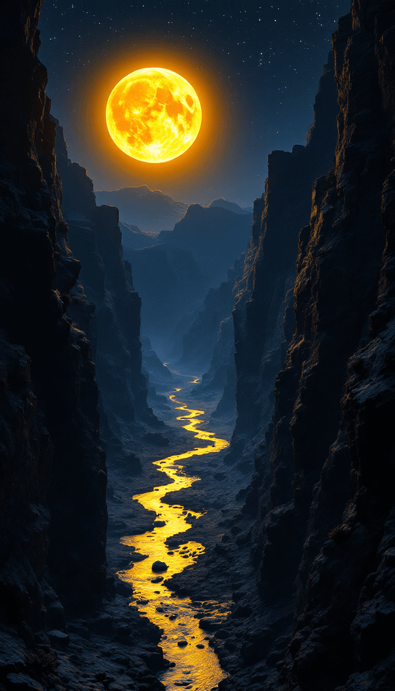 AI generated: A surreal night scene of a massive glowing golden full moon nestled between dark, towering canyon wa...