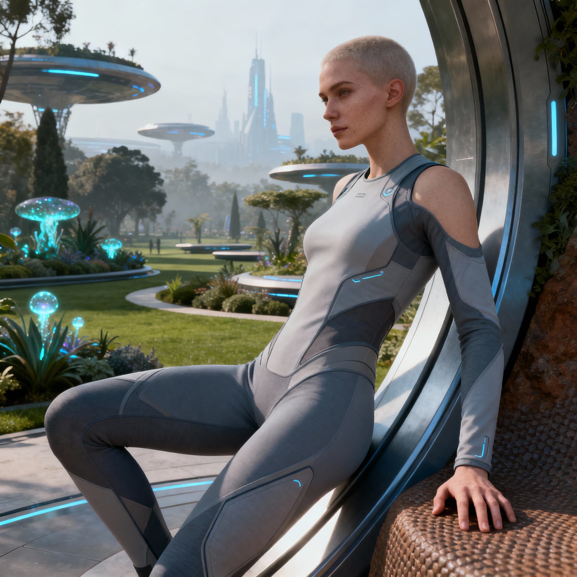 AI generated: Change background, create futuristic clothing, and pose to emphasize sleek comfort within a futurist...
