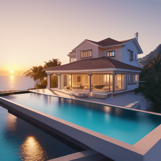 AI generated: hyper realistic rendering of a sea view villa breathtaking view golden hour 4k