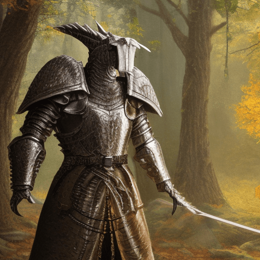 AI generated: a (dragon:1.2) fear less knight i in guldenarmor (intricately detailed metal) walking through a fore...