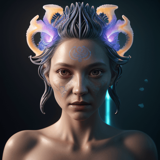 AI generated: Goddess close-up portrait ribcagel. jellyfish phoenix head, nautilus, orchid, skull, betta fish, bio...